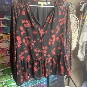 Michael Kors Size XS Blouse. Black with red rosé design. Oversized.
